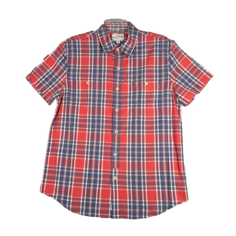 Lucky Brand‎ Shirt Mens Medium Blue Red Plaid Flannel Button Up Country Rustic